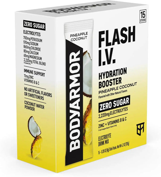 BODYARMOR Flash IV Zero Sugar Electrolyte Mix, Pineapple Coconut, 15 Ct