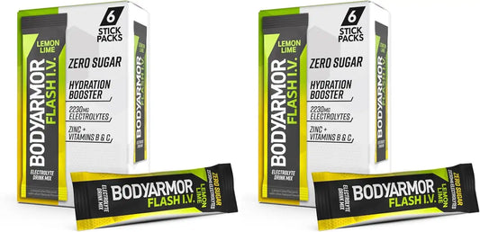 BODYARMOR Flash IV Electrolyte Packets, Lemon Lime - Zero Sugar Drink Mix, Single Serve Packs, Coconut Water Powder (6 Count) (Pack of 2)