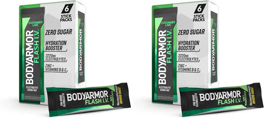 BODYARMOR Flash IV Electrolyte Packets, Cucumber Lime - Zero Sugar Drink Mix, Single Serve Packs, Coconut Water Powder (6 Count) (Pack of 2)
