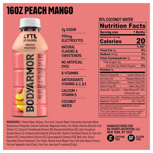 BODYARMOR LYTE,Peach Mango,Electrolyte Drink,20 Calories,16 Fl Oz Bottles,Coconut Water Sports Drink,Natural Flavor & B Vitamins,(Pack of 24)