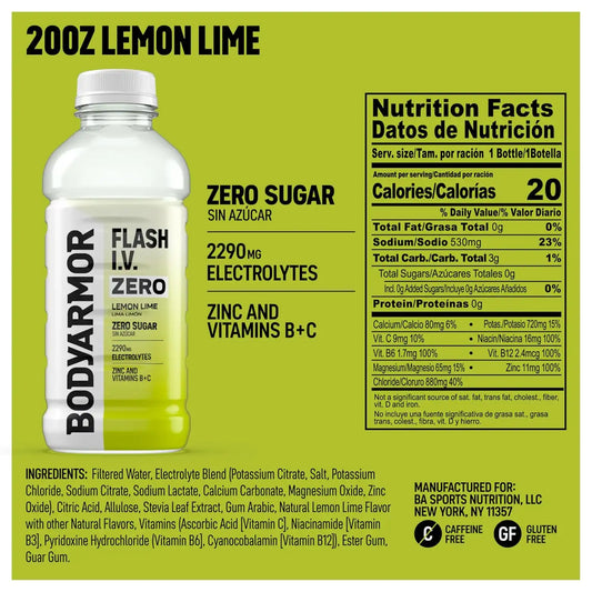 BODYARMOR Flash IV ZERO Sugar Hydration Drink, Lemon Lime, 20 Oz (12 Pk)