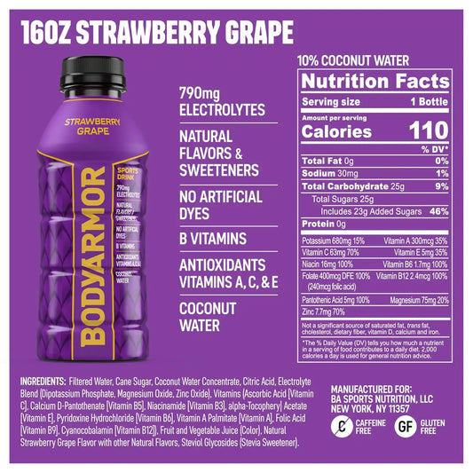 BODYARMOR Sports Drink, Strawberry Grape Electrolyte Drink, 16 Oz (12 Pk)