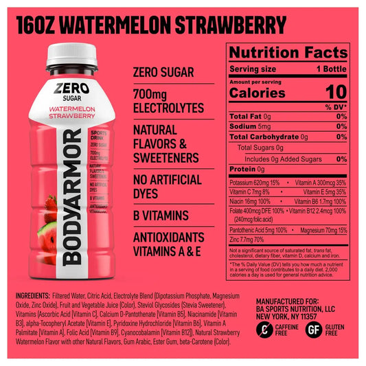 BODYARMOR ZERO Sugar Electrolyte Drink, Watermelon Strawberry 16 Oz (12 Pk)