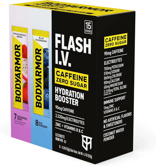 BODYARMOR Flash IV Caffeine + Zero Sugar Electrolyte Mix, Variety Pk, 15 Ct