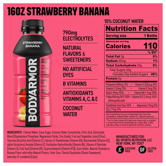 BODYARMOR Sports Drink, Strawberry Banana Electrolyte Drink, 16 Oz (12 Pk)