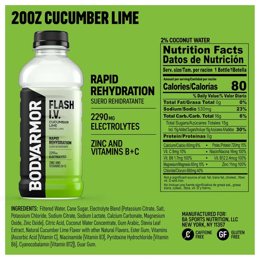 BODYARMOR Flash IV Hydration Drink, Cucumber Lime, 20 Oz (12 Pk)