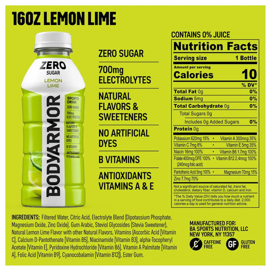 BODYARMOR ZERO Sugar Electrolyte Drink, Lemon Lime, 16 Oz (6 Pk)