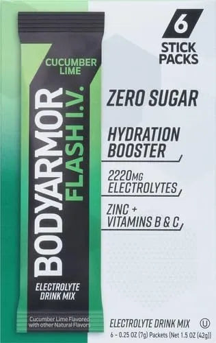 BODYARMOR Flash IV Electrolyte Packets, Cucumber Lime - Zero Sugar Drink Mix, Single Serve Packs, Coconut Water Powder (6 Count) (Pack of 2)