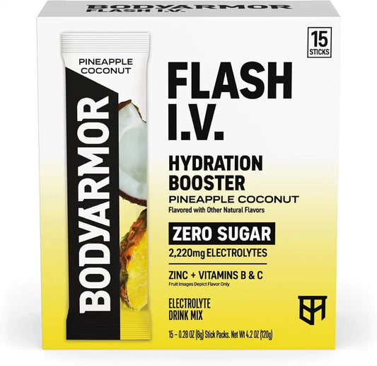 BODYARMOR Flash IV Zero Sugar Electrolyte Mix, Pineapple Coconut, 15 Ct
