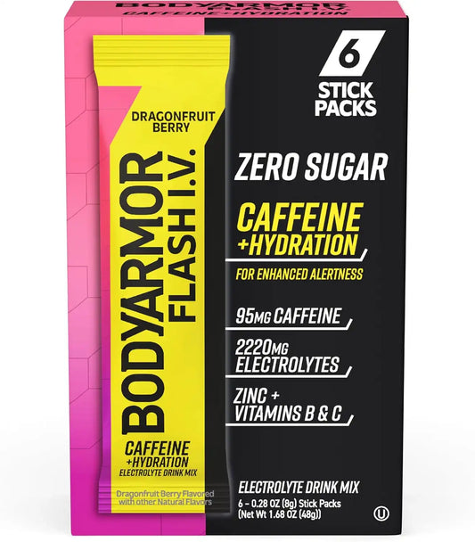 BODYARMOR Flash IV Caffeine + Zero Sugar Electrolyte Mix, Dragonfruit, 6 Ct