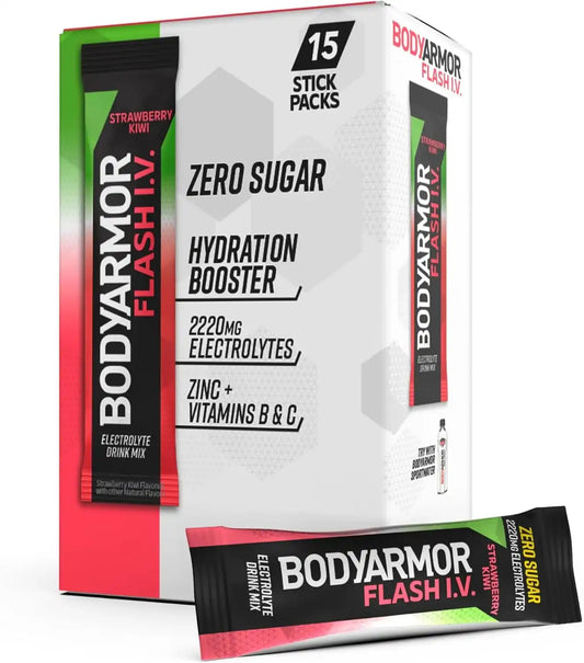 BODYARMOR Flash IV Electrolyte Packets, Strawberry Kiwi - Zero Sugar Drink Mix, Single Serve Packs, Coconut Water Powder (Pack of 90)