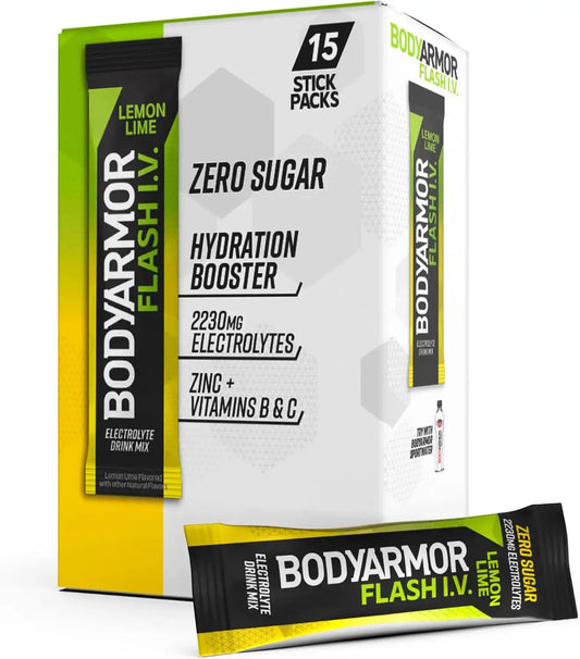 BODYARMOR Flash IV Zero Sugar Electrolyte Mix, Lemon Lime, 15 Ct