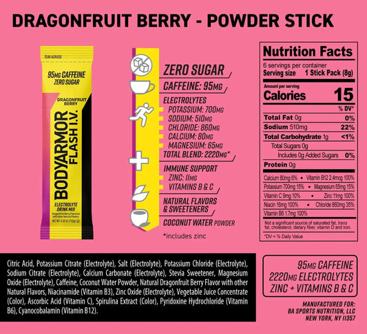 BODYARMOR Flash IV Caffeine + Zero Sugar Electrolyte Mix, Dragonfruit, 6 Ct