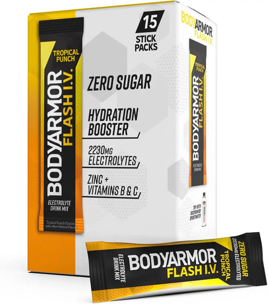 BODYARMOR Flash IV Zero Sugar Electrolyte Mix, Tropical Punch, 15 Ct