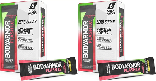 BODYARMOR Flash IV Electrolyte Packets, Strawberry Kiwi - Zero Sugar Drink Mix, Coconut Water Powder (6 Count) (Pack of 2)