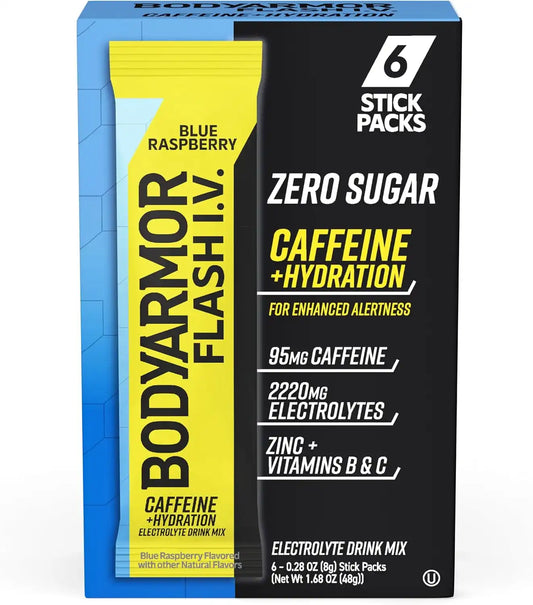 BODYARMOR Flash IV Caffeine + Zero Sugar Electrolyte Mix, Raspberry, 6 Ct