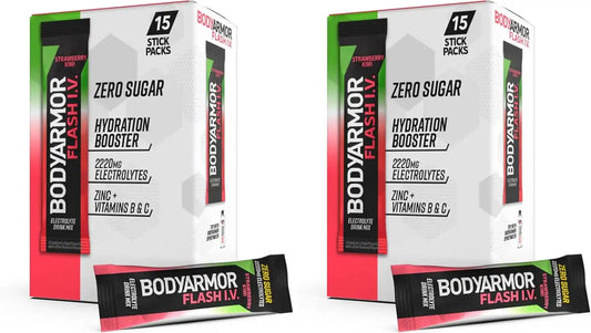 BODYARMOR Flash IV Electrolyte Packets,Strawberry Kiwi - Zero Sugar Drink Mix,Single Serve Packs,Coconut Water Powder,(Pack of 30)