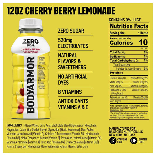 BODYARMOR ZERO Sugar Electrolyte Drink, Cherry Berry Lemonade, 12 Oz (8 Pk)
