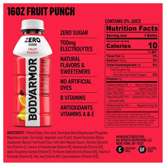 BODYARMOR ZERO Sugar Electrolyte Drink, Fruit Punch, 16 Oz (6 Pk)