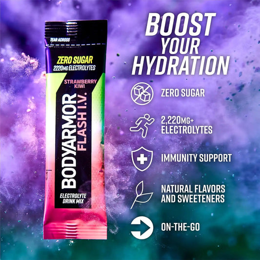 BODYARMOR Flash IV Electrolyte Packets, Strawberry Kiwi - Zero Sugar Drink Mix, Coconut Water Powder (6 Count) (Pack of 2)