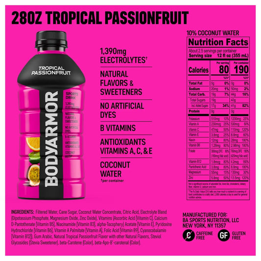BODYARMOR Sports Drink, Passionfruit Electrolyte Drink, 28 Oz (15 Pk)