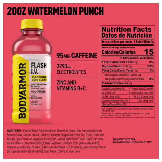 BODYARMOR Flash IV Caffeine + Zero Sugar Drink, Watermelon, 20 Oz (12 Pk)