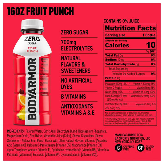 BODYARMOR ZERO Sugar Electrolyte Drink, Fruit Punch, 16 Oz (12 Pk)