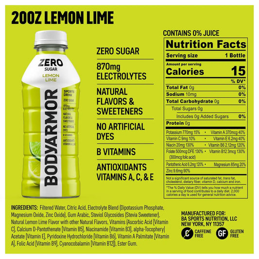 BODYARMOR ZERO Sugar Lemon Lime, Sugar Free Sports Drink - Low-Calorie Hydration - Natural Flavors with Potassium Packed Electrolytes, Antioxidants, and B-vitamins, 20 fl oz (pack of 6)