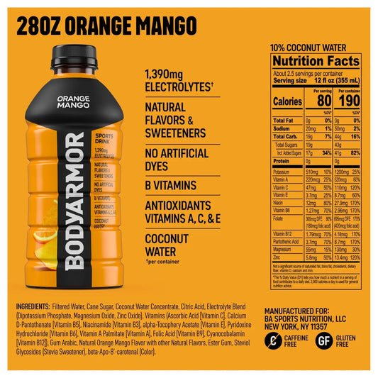 BODYARMOR Sports Drink, Orange Mango Electrolyte Drink, 28 Oz (15 Pk)
