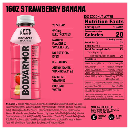 BODYARMOR LYTE Sports Drink, Strawberry Banana, 16 Oz (12 Pk)