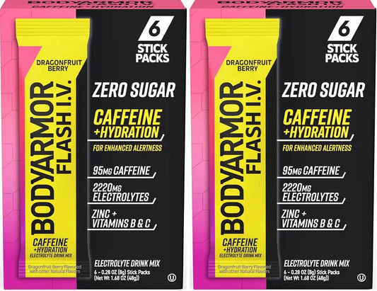 BODYARMOR Caffeinated Flash I.V. Electrolyte Packets - Dragonfruit Berry - Zero Sugar Energy Drink Mix, Single Serve Packs, Hydration for Pre Workout, Travel Essentials, Active Lifestyle (6 Count)