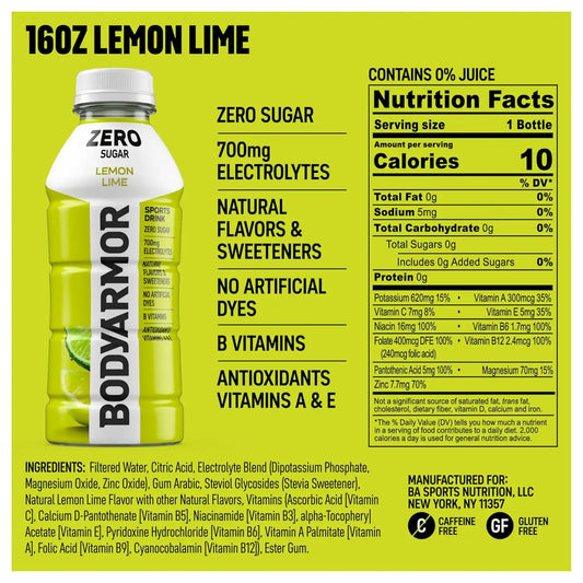 BODYARMOR ZERO Sugar Electrolyte Drink, Lemon Lime, 16 Oz (12 Pk)