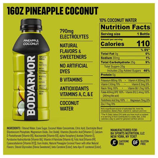 BODYARMOR Sports Drink, Pineapple Coconut Electrolyte Drink, 16 Oz (12 Pk)