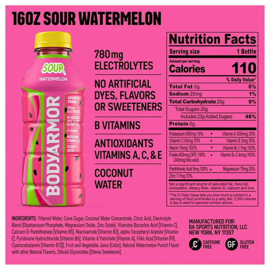 BODYARMOR Sports Drink, Sour Watermelon Electrolyte Drink, 16 Oz (12 Pk)