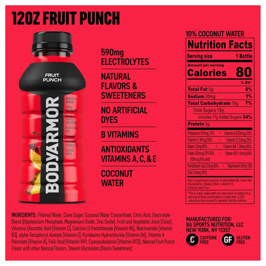 BODYARMOR Sports Drink, Fruit Punch, Electrolyte Drink Hydration, 12 Fl Oz Bottles (8 Pack), Flavored Coconut Water with B Vitamins & Antioxidants