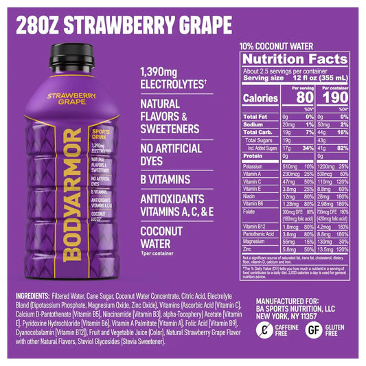 BODYARMOR Sports Drink, Strawberry Grape Electrolyte Drink, 28 Oz (15 Pk)