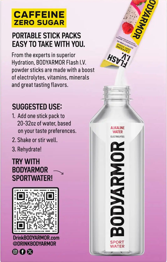 BODYARMOR Caffeinated Flash I.V. Electrolyte Packets - Dragonfruit Berry - Zero Sugar Energy Drink Mix, Single Serve Packs, Hydration for Pre Workout, Travel Essentials, Active Lifestyle (6 Count)