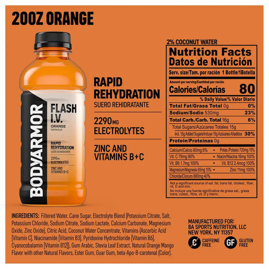 BODYARMOR Flash IV Hydration Drink, Orange, 20 Oz (12 Pk)