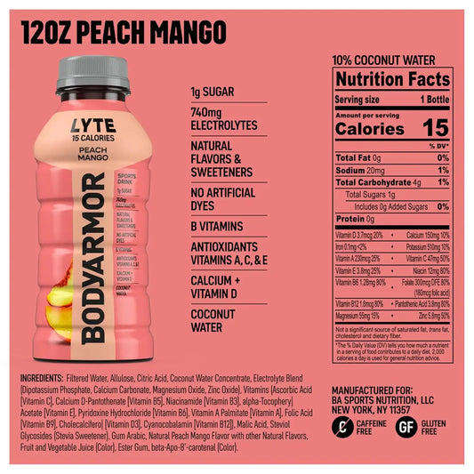 BODYARMOR LYTE Sports Drink, Peach Mango Electrolyte Drink, 12 Oz (8 Pk)