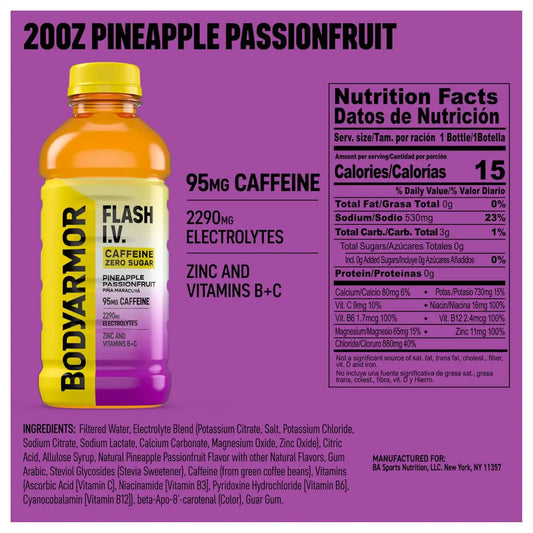 BODYARMOR Flash IV Caffeine + Zero Sugar Drink, Pineapple, 20 Oz (12 Pk)