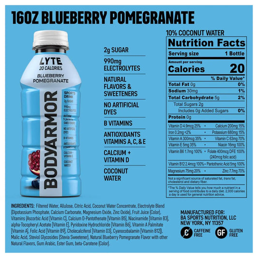 BODYARMOR LYTE Sports Drink, Blueberry Pom Electrolyte Drink, 16 Oz (12 Pk)
