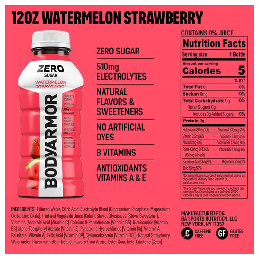 BODYARMOR ZERO Sugar Electrolyte Drink, Watermelon Strawberry, 12 Oz (8 Pk)