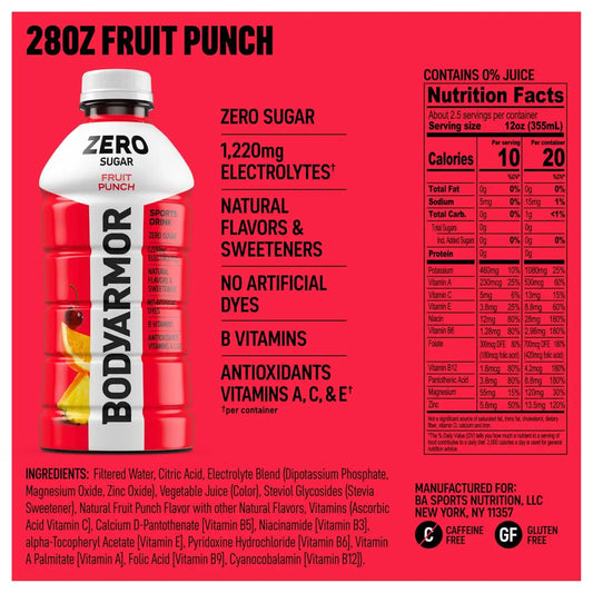 BODYARMOR ZERO Sugar Electrolyte Drink, Fruit Punch, 28 Oz (15 Pk)