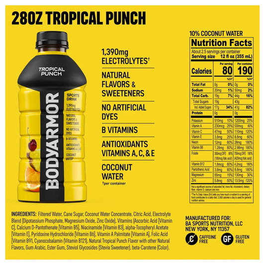 BODYARMOR Sports Drink, Tropical Punch Electrolyte Drink, 28 Oz (15 Pk)