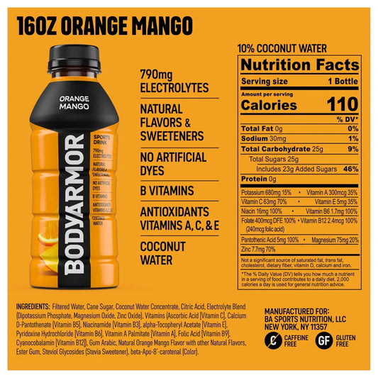 BODYARMOR Sports Drink, Orange Mango Electrolyte Drink, 16 Oz (6 Pk)