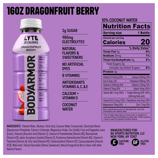 BODYARMOR LYTE Sports Drink, Dragonfruit Electrolyte Drink, 16 Oz (6 Pk)