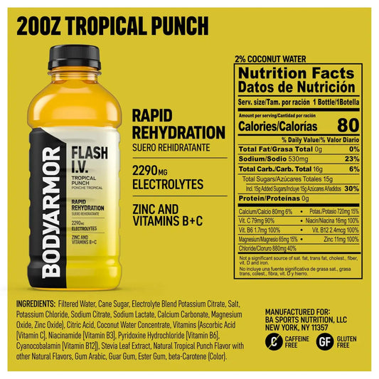 BODYARMOR Flash IV Hydration Drink, Tropical Punch, 20 Oz (12 Pk)
