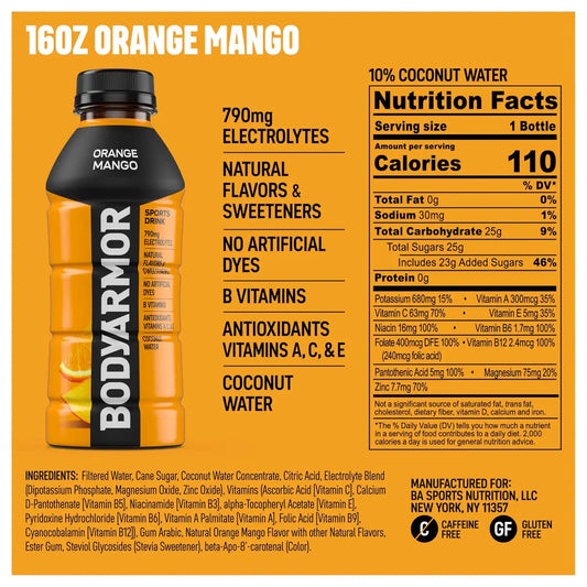BODYARMOR Sports Drink, Orange Mango Electrolyte Drink, 16 Oz (12 Pk)