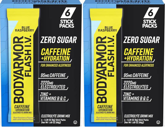 BODYARMOR Caffeinated Flash I.V. Electrolyte Packets Blue Raspberry - Zero Sugar Energy Drink Mix, Serve Packs, Hydration for Pre Workout, Travel Essentials, Active Lifestyle, 6 Count (Pack of 2)
