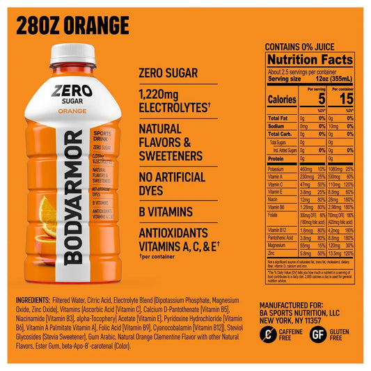 BODYARMOR ZERO Sugar Orange Electrolyte Drink, Natural Flavors, 28 Fl Oz Bottles (15 Pack), B Vitamins & Antioxidants Sugar Free Hydration